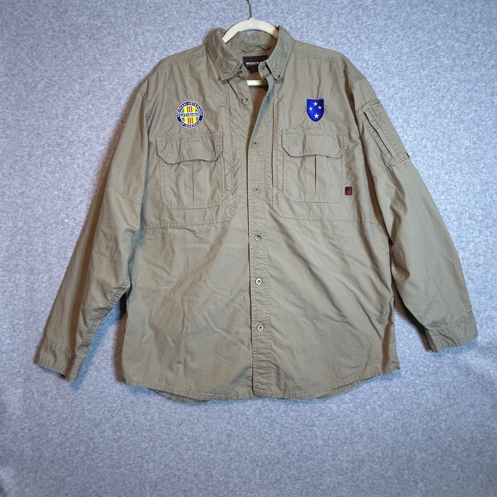 Vintage Woolrich Elite Series Tactical Shirt L Khaki Vietnam Veterans Patches